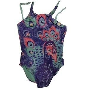 OFFCORSS Peacock Print Swimsuit One Piece Girls Kids Colorful‎ Size 10